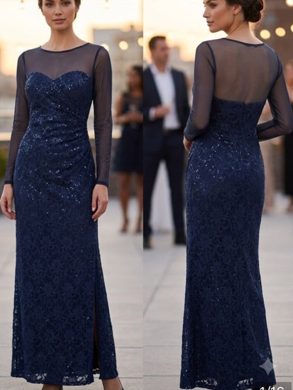 Ralph Lauren Women’s navy blue dress sequin sparked floral lace maxi evening 16